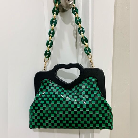 Laurie's Collection Handbags - Handmade Genuine Cowhide Check Embossed, Chic Heart Shaped Wooden Frame Satchel